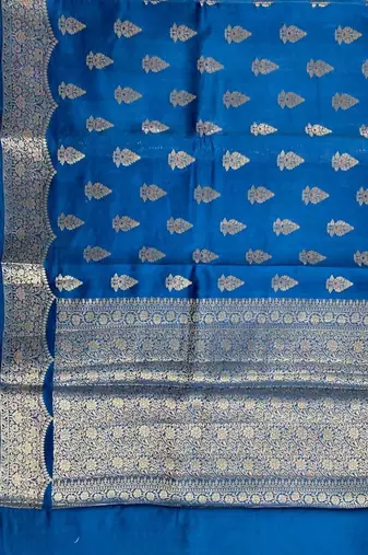 teal blue floral booti zari chiniya silk blend banarasi saree