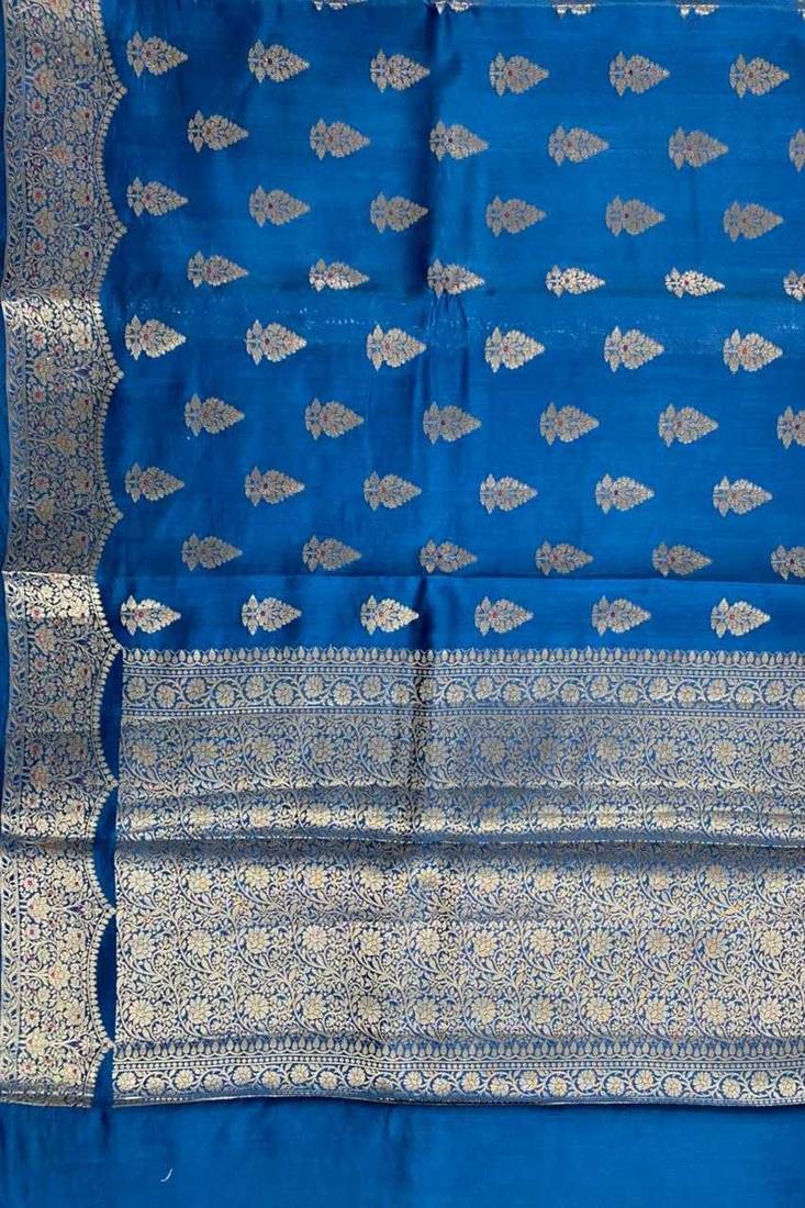 teal blue floral booti zari chiniya silk blend banarasi saree