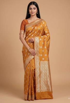rust orange floral booti zari chiniya silk blend banarasi saree 1