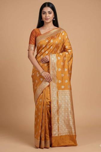 rust orange floral booti zari chiniya silk blend banarasi saree