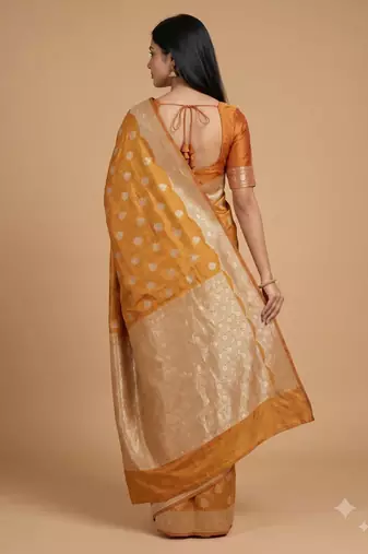 rust orange floral booti zari chiniya silk blend banarasi saree
