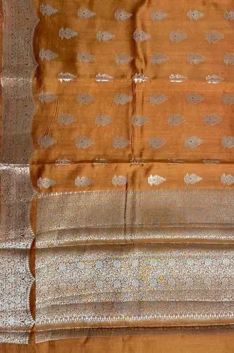 rust orange floral booti zari chiniya silk blend banarasi saree