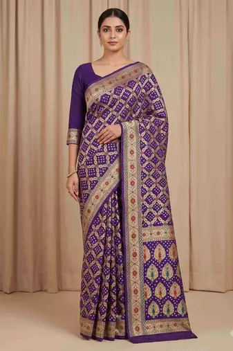 purple bandhani work bandhej banarasi saree