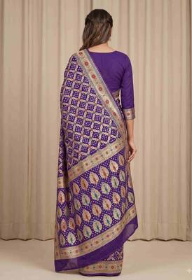 purple bandhani work bandhej banarasi saree 2