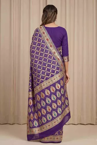 purple bandhani work bandhej banarasi saree