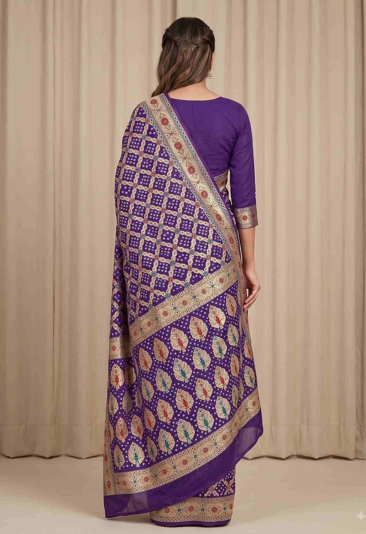 purple bandhani work bandhej banarasi saree