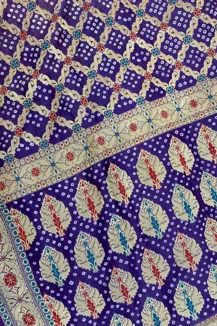 purple bandhani work bandhej banarasi saree