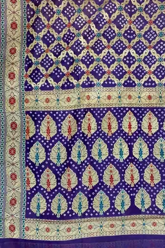 purple bandhani work bandhej banarasi saree