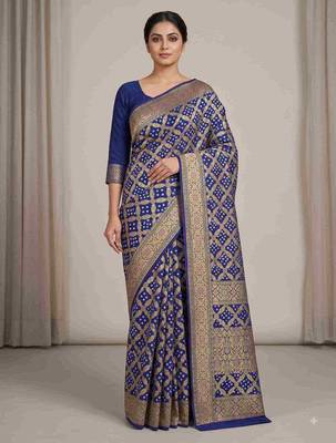 blue bandhani work bandhej banarasi saree 1