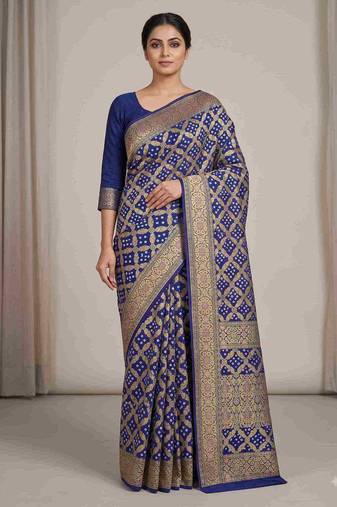 blue bandhani work bandhej banarasi saree