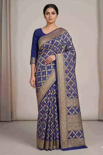 blue bandhani work bandhej banarasi saree