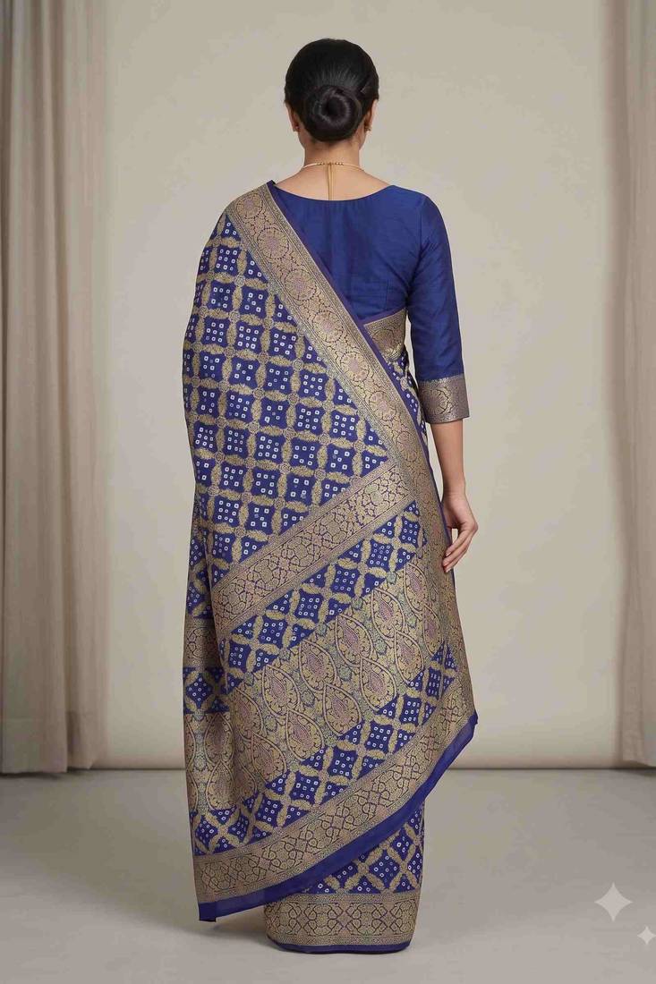 blue bandhani work bandhej banarasi saree