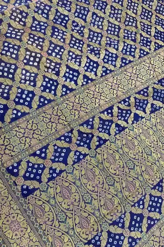 blue bandhani work bandhej banarasi saree