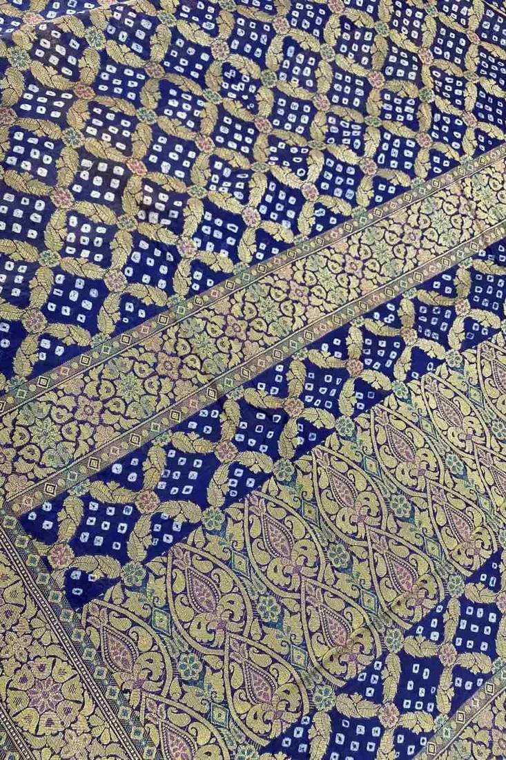 blue bandhani work bandhej banarasi saree