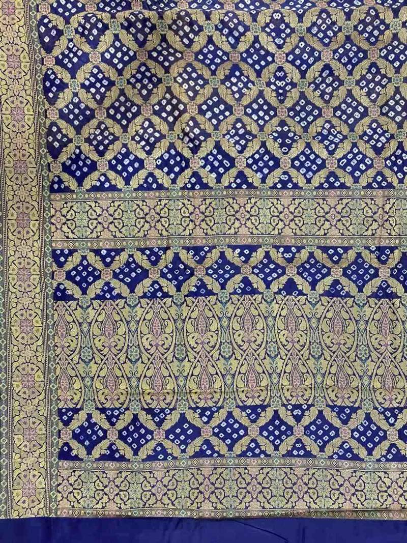 blue bandhani work bandhej banarasi saree