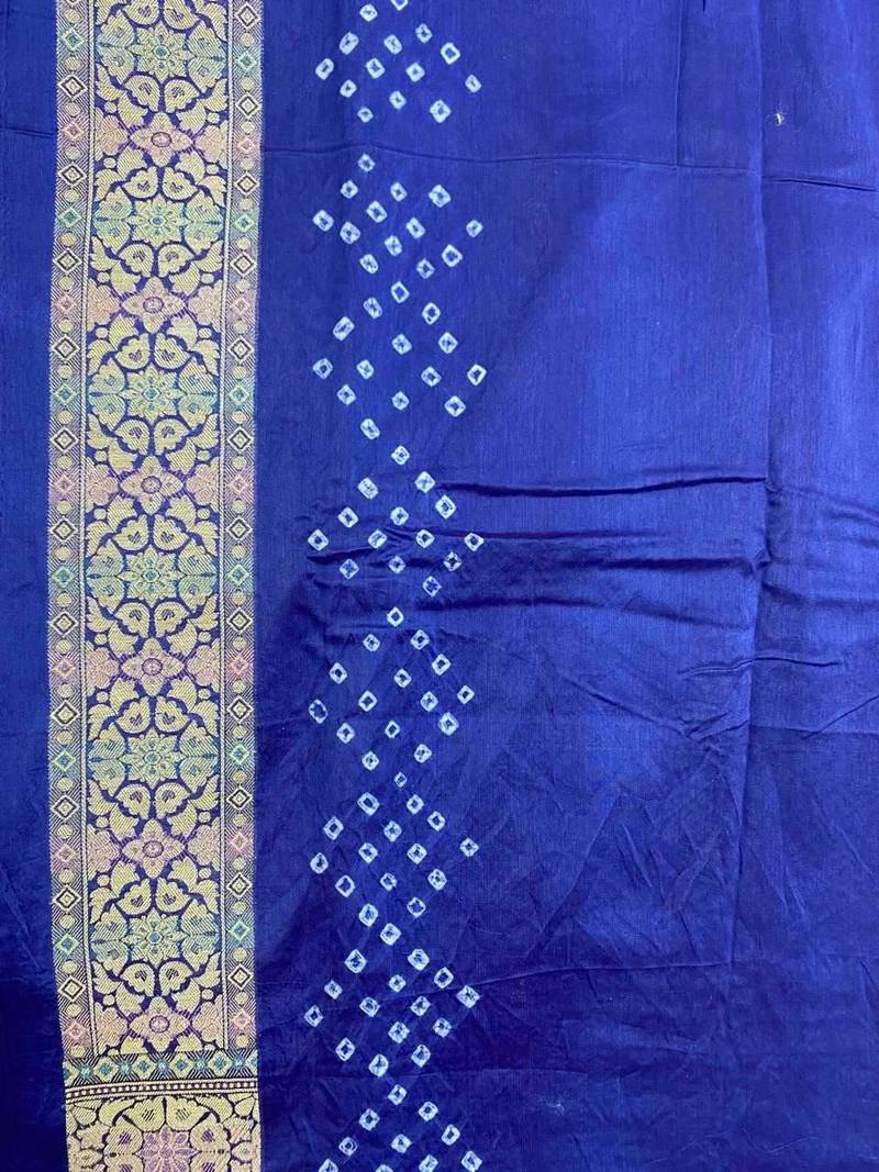 blue bandhani work bandhej banarasi saree