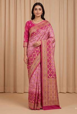 pink bandhani work bandhej banarasi saree 1