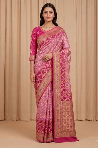 pink bandhani work bandhej banarasi saree