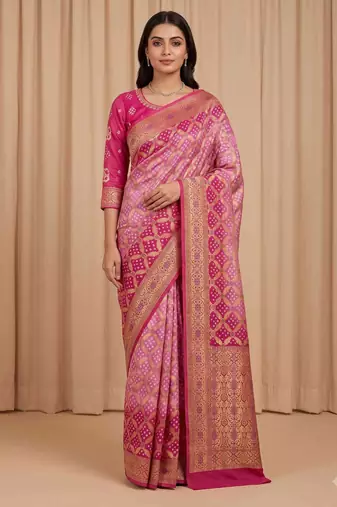 pink bandhani work bandhej banarasi saree