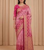 pink bandhani work bandhej banarasi saree