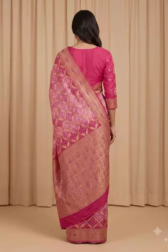 pink bandhani work bandhej banarasi saree