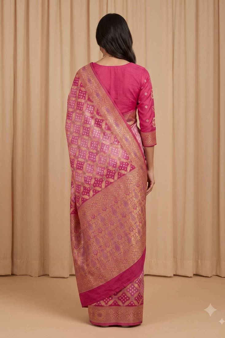 pink bandhani work bandhej banarasi saree