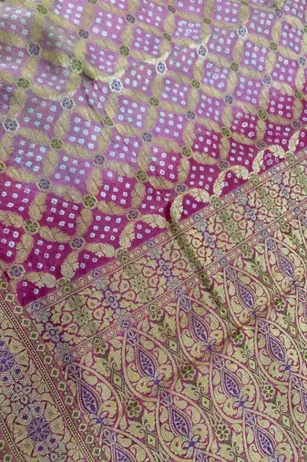 pink bandhani work bandhej banarasi saree