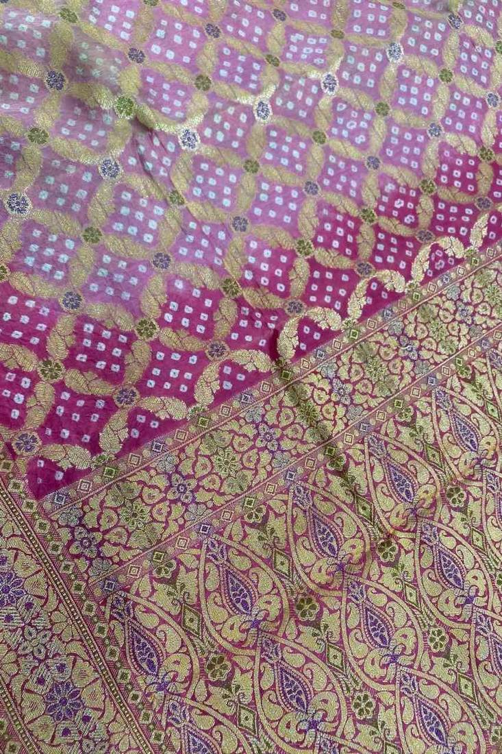 pink bandhani work bandhej banarasi saree