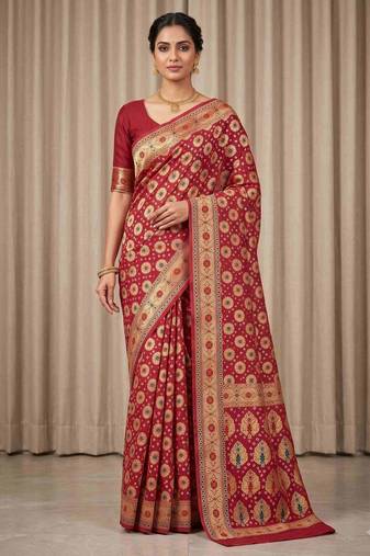 red bandhani work bandhej banarasi saree