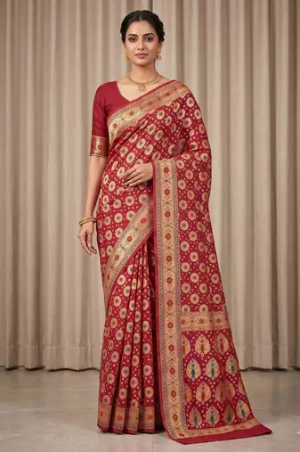 red bandhani work bandhej banarasi saree