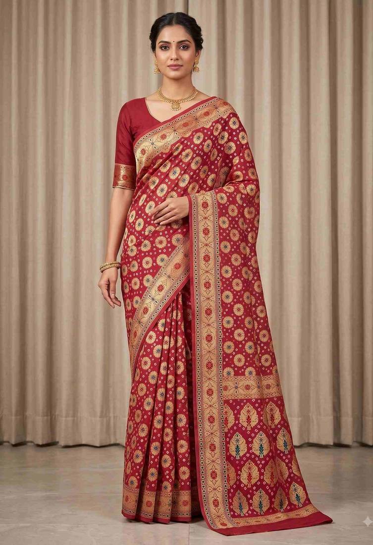 red bandhani work bandhej banarasi saree
