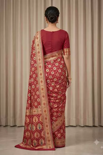 red bandhani work bandhej banarasi saree