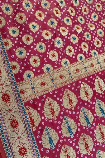 red bandhani work bandhej banarasi saree