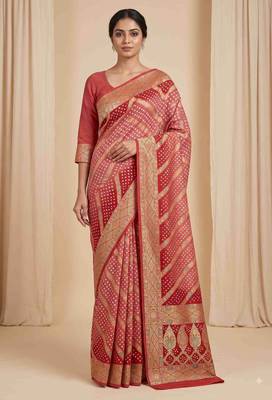 orange bandhani work bandhej banarasi saree 1