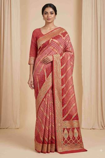 orange bandhani work bandhej banarasi saree