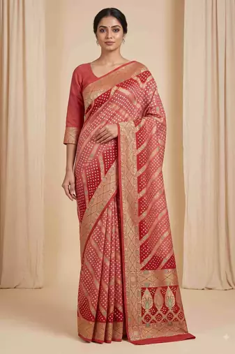 orange bandhani work bandhej banarasi saree