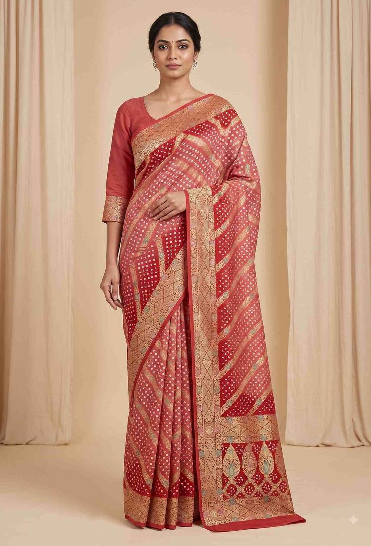 orange bandhani work bandhej banarasi saree