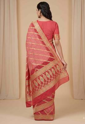 orange bandhani work bandhej banarasi saree 2