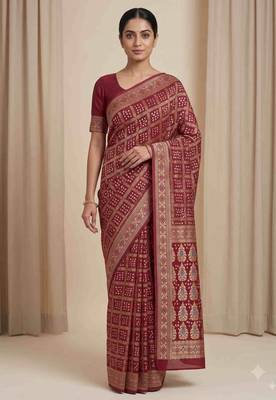 maroon bandhani work bandhej banarasi saree 1