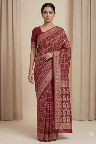 maroon bandhani work bandhej banarasi saree
