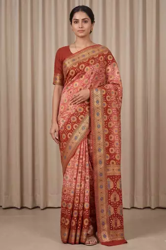 orange bandhani work bandhej banarasi saree