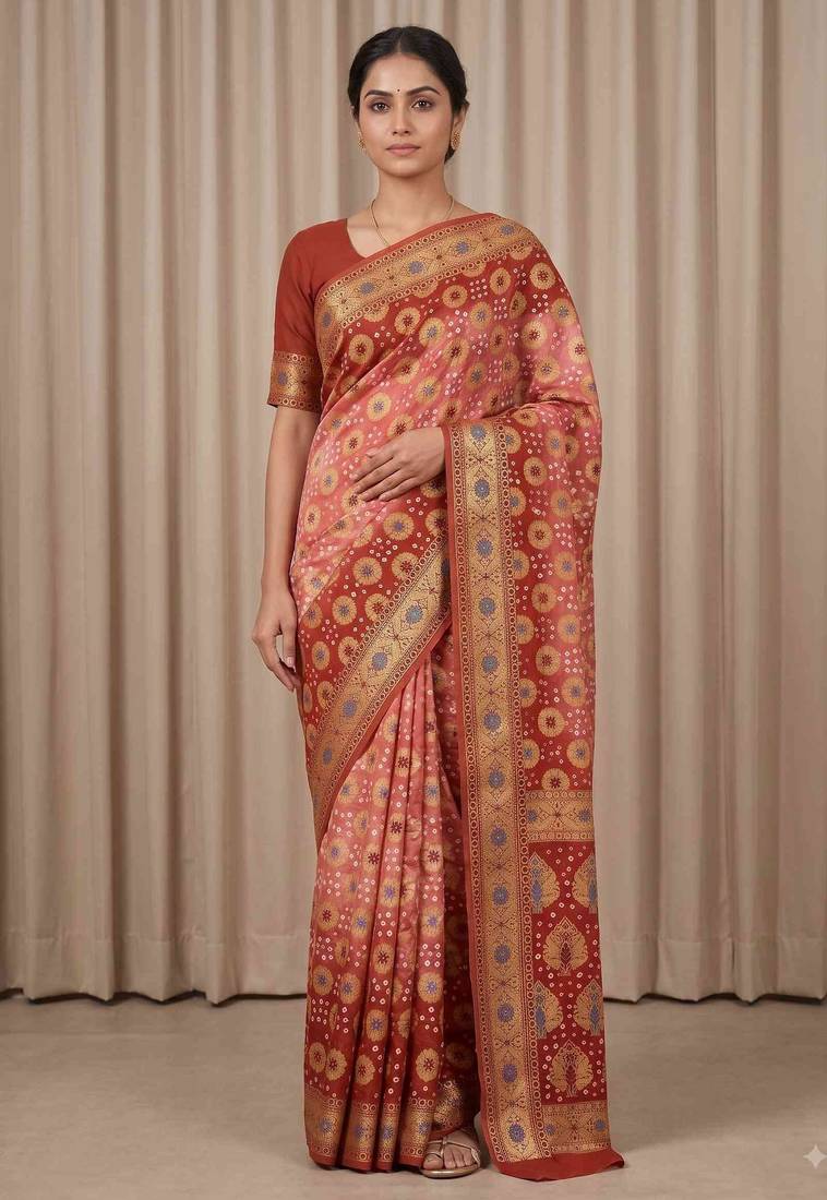 orange bandhani work bandhej banarasi saree