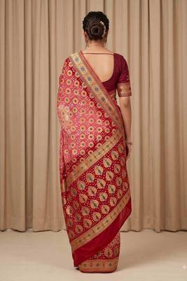 orange bandhani work bandhej banarasi saree 2