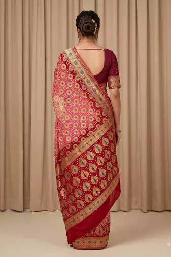 orange bandhani work bandhej banarasi saree