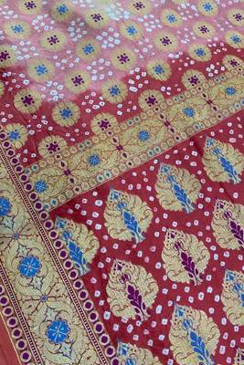 orange bandhani work bandhej banarasi saree 3