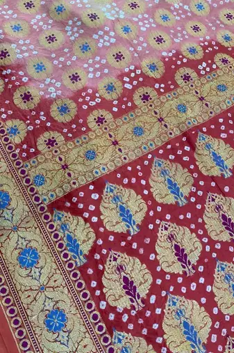 orange bandhani work bandhej banarasi saree
