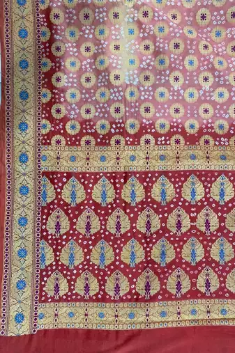 orange bandhani work bandhej banarasi saree