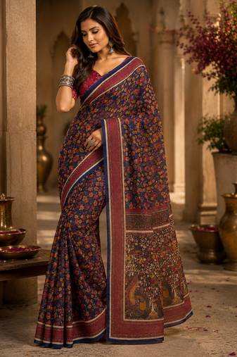 navy blue color digital printed chanderi ready to wear saree with blouse 