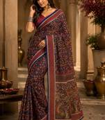 Navy blue color digital printed chanderi cotton ready to wear saree with blouse