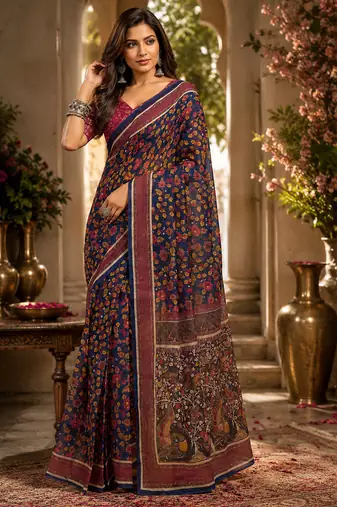 navy blue color digital printed chanderi ready to wear saree with blouse 